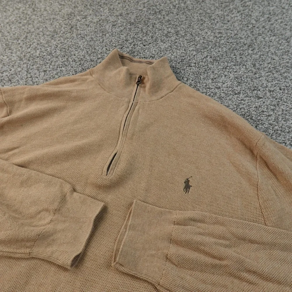 Polo Ralph Lauren Sweater Mens 2XL Beige Pima Pony Waffle Knit 1/4 Zip Pullover
